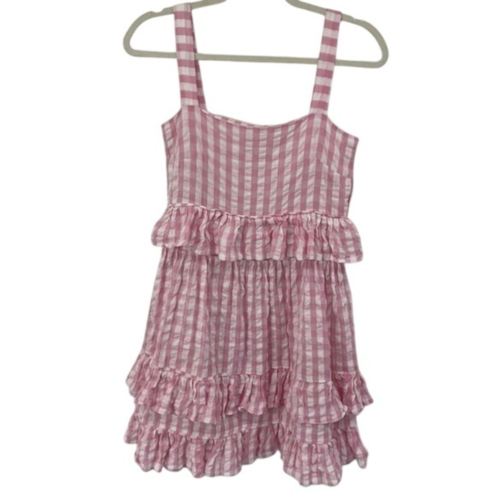 TACH Clothing 100% Cotton Pink‎ Gingham Spring Sleeveless Dress Tiered Ruffles